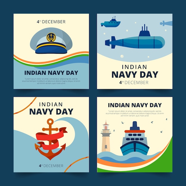 손으로 그린 평면 인도 해군의 날 인스 타 그램 게시물 컬렉션