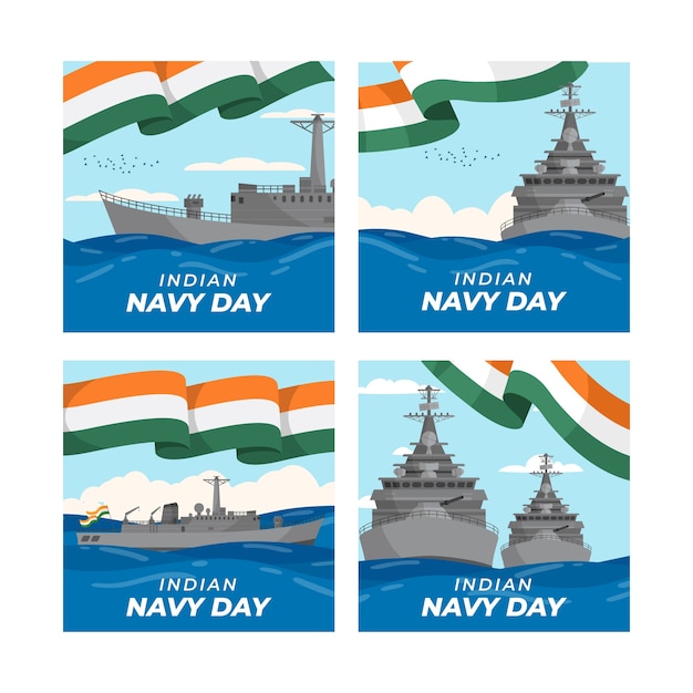 Hand drawn flat indian navy day instagram posts collection