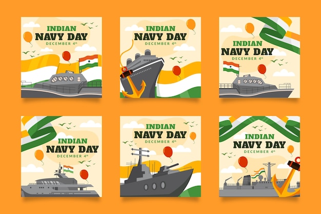 Free vector hand drawn flat indian navy day instagram posts collection