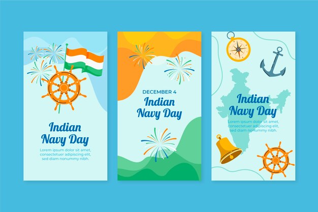 Hand drawn flat indian navy day instagram stories collection