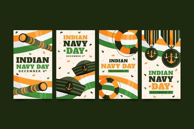 Hand drawn flat indian navy day instagram stories collection