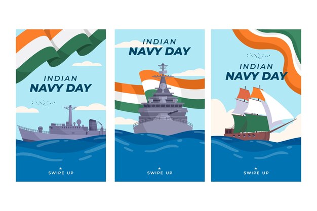 hand drawn flat indian navy day instagram stories collection