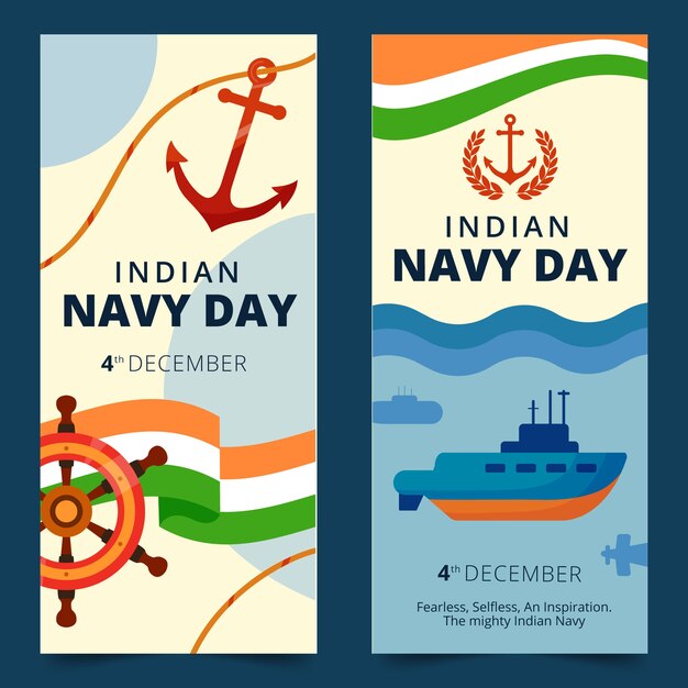 Hand drawn flat indian navy day vertical banners set