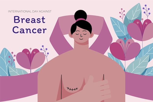 Giornata internazionale piatta disegnata a mano contro lo sfondo del cancro al seno