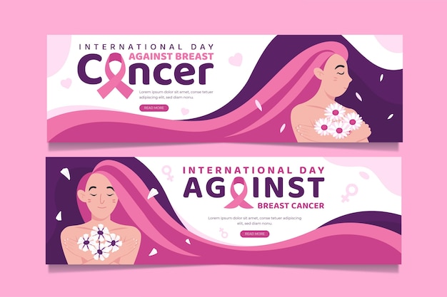 Hand drawn flat international day against breast cancer banners set