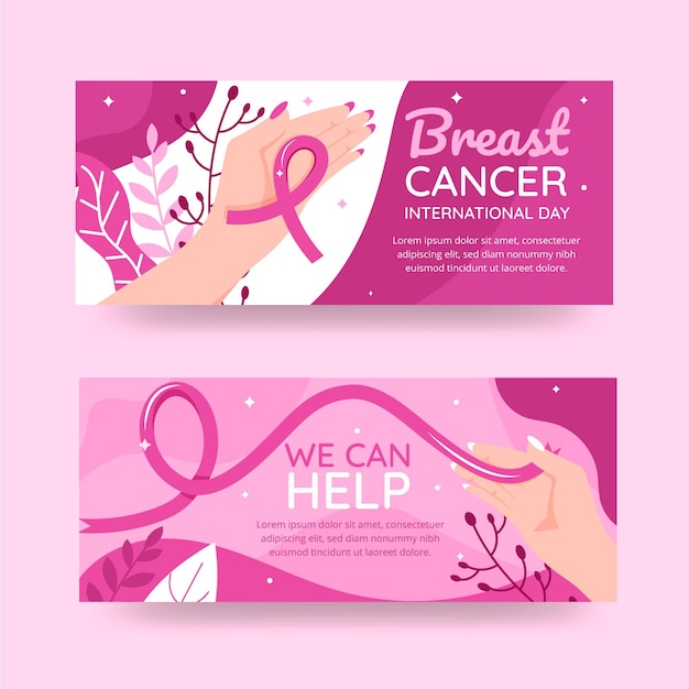 Hand drawn flat international day against breast cancer horizontal banners set