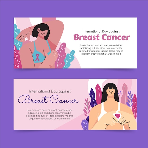 乳がんの水平バナーセットに対して手描きフラット国際日