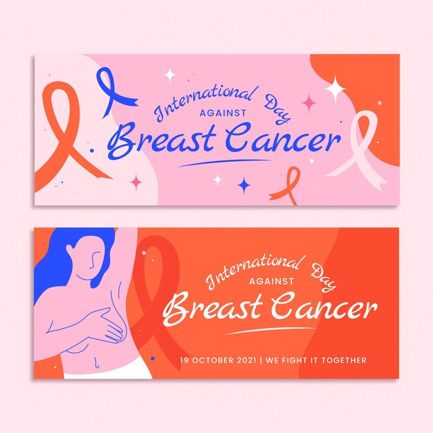 Vettore gratuito set di banner orizzontali piatti disegnati a mano per la giornata internazionale contro il cancro al seno