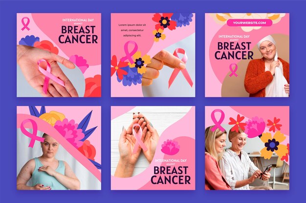 Hand drawn flat international day against breast cancer instagram posts collection with photo