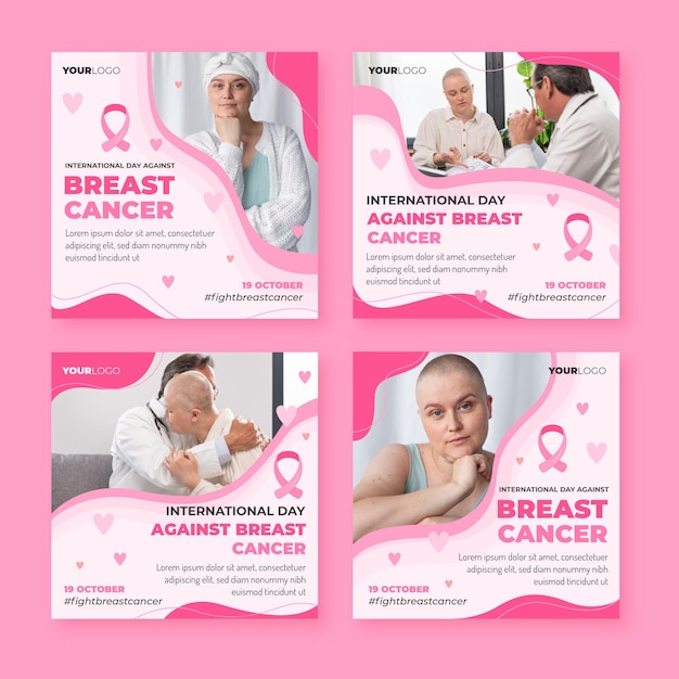 Free vector hand drawn flat international day against breast cancer instagram posts collection