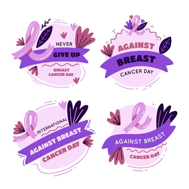 乳がんレタリングバッジコレクションに対する手描きフラット国際デー