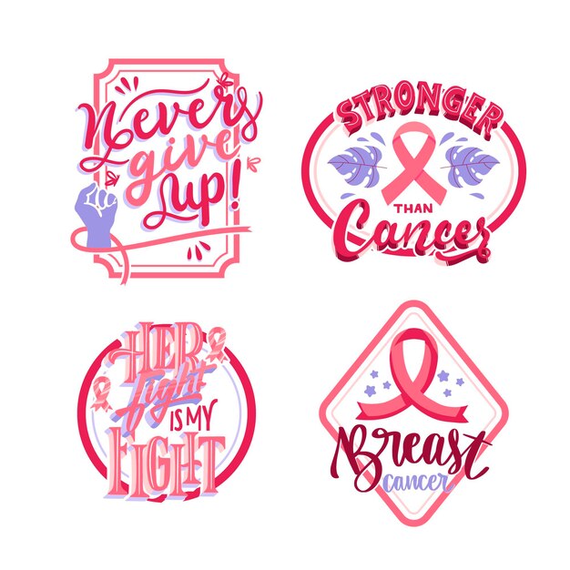유방암 레터링 라벨 컬렉션에 대한 손으로 그린 평평한 국제의 날
