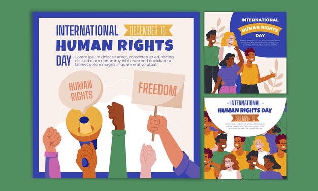 Нарисованная рукой плоская коллекция постов в instagram с международным днем прав человека