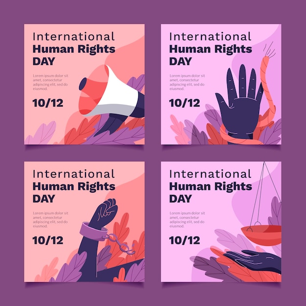 Vettore gratuito collezione di post di instagram per la giornata internazionale dei diritti umani piatta disegnata a mano