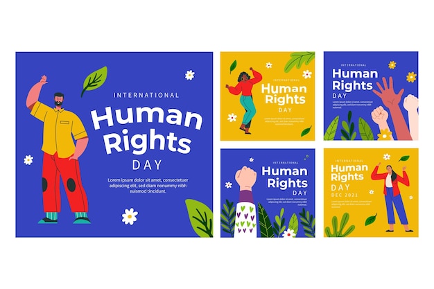 Бесплатное векторное изображение Нарисованная рукой плоская коллекция постов в instagram с международным днем прав человека