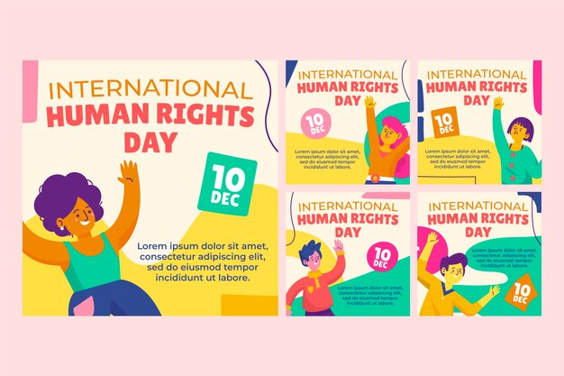 Vettore gratuito collezione di post di instagram per la giornata internazionale dei diritti umani piatta disegnata a mano