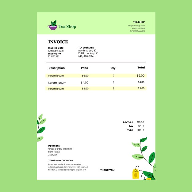 Hand drawn flat international tea day invoice shop template