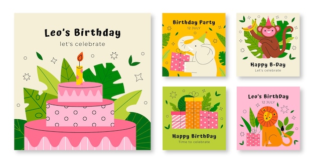 Hand drawn flat jungle birthday party ig post collection