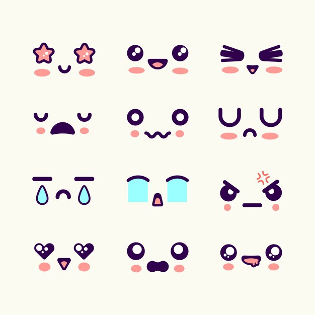 Hand drawn flat kawaii face collection