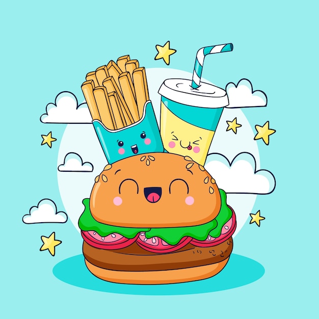 Hand drawn flat kawaii illustration