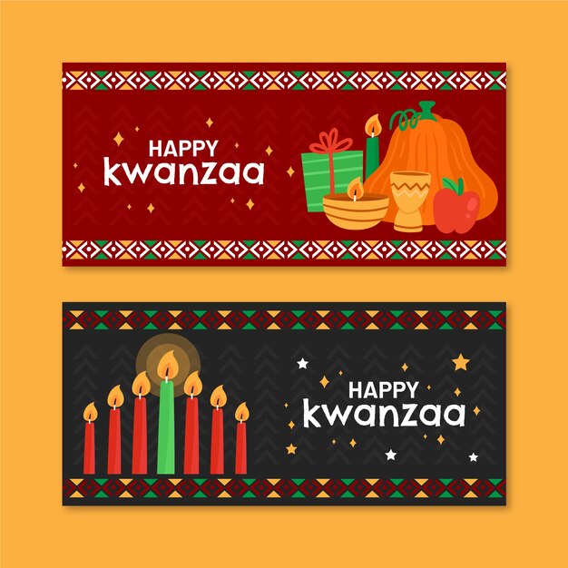 손으로 그린 플랫 kwanzaa 가로 배너 세트