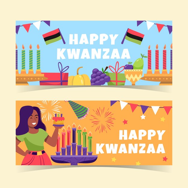 손으로 그린 플랫 kwanzaa 가로 배너 세트