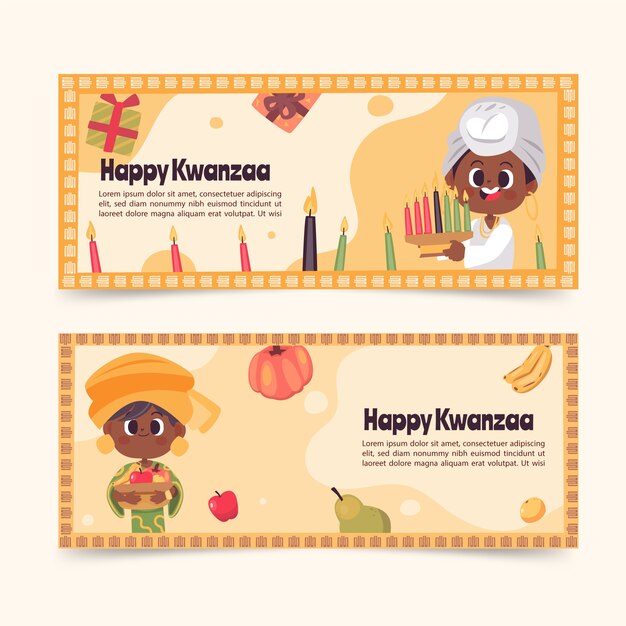 Hand drawn flat kwanzaa horizontal banners set