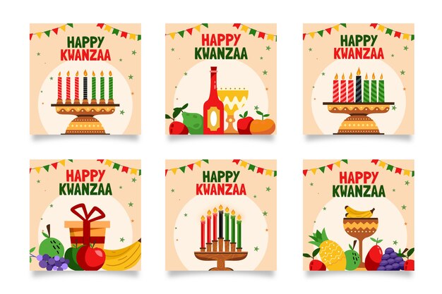 Vettore gratuito collezione di post di instagram kwanzaa piatta disegnata a mano