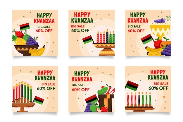 Vettore gratuito collezione di post di instagram kwanzaa piatta disegnata a mano