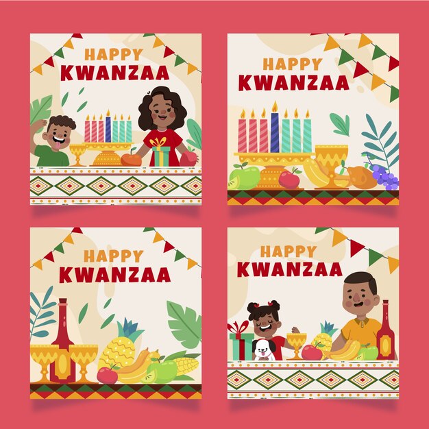 Free vector hand drawn flat kwanzaa instagram posts collection