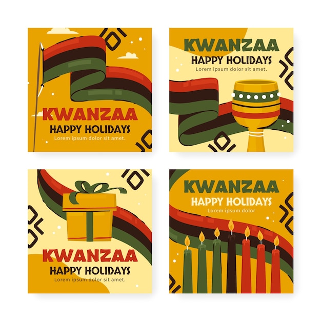 무료 벡터 손으로 그린 평면 kwanzaa 인스 타 그램 게시물 컬렉션