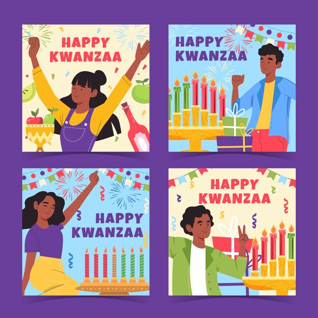 Hand drawn flat kwanzaa instagram posts collection