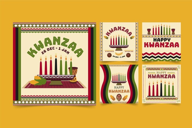 Нарисованная рукой плоская коллекция сообщений instagram kwanzaa