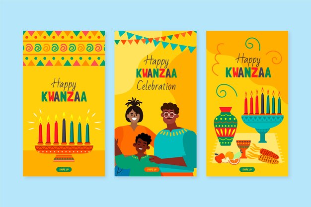 Vettore gratuito collezione di storie di instagram kwanzaa piatta disegnata a mano