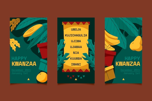 Free vector hand drawn flat kwanzaa instagram stories collection