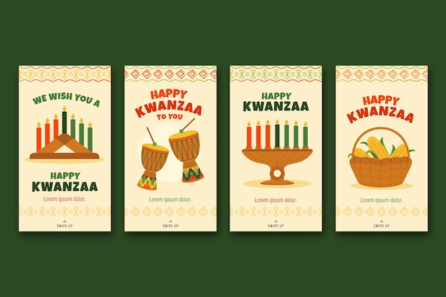 Free vector hand drawn flat kwanzaa instagram stories collection