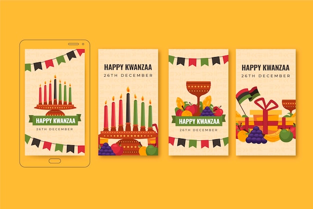 Free vector hand drawn flat kwanzaa instagram stories collection