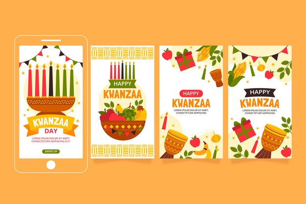 Hand drawn flat kwanzaa instagram stories collection