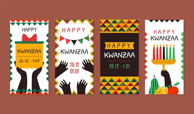 Vettore gratuito collezione di storie di instagram kwanzaa piatta disegnata a mano