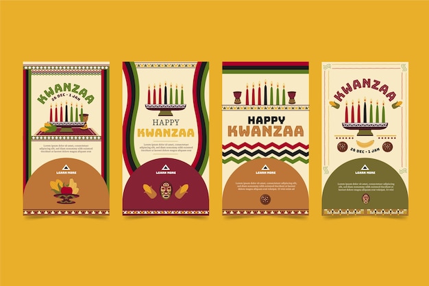 Free vector hand drawn flat kwanzaa instagram stories collection