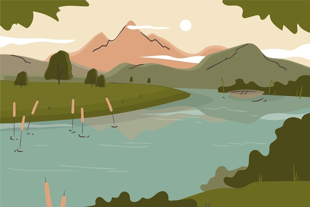 Hand drawn flat lake scenery