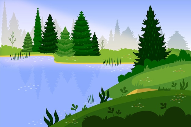 Hand drawn flat lake scenery