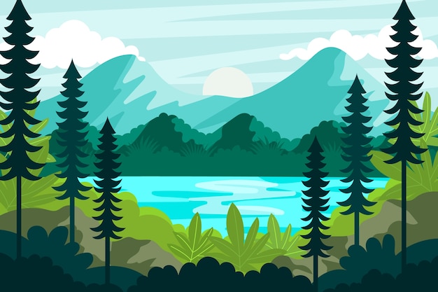 Hand drawn flat lake scenery with free download for vector templates