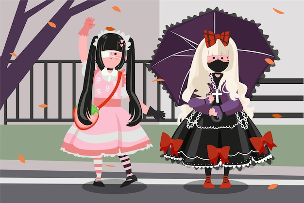 Free vector hand drawn flat lolita style girls