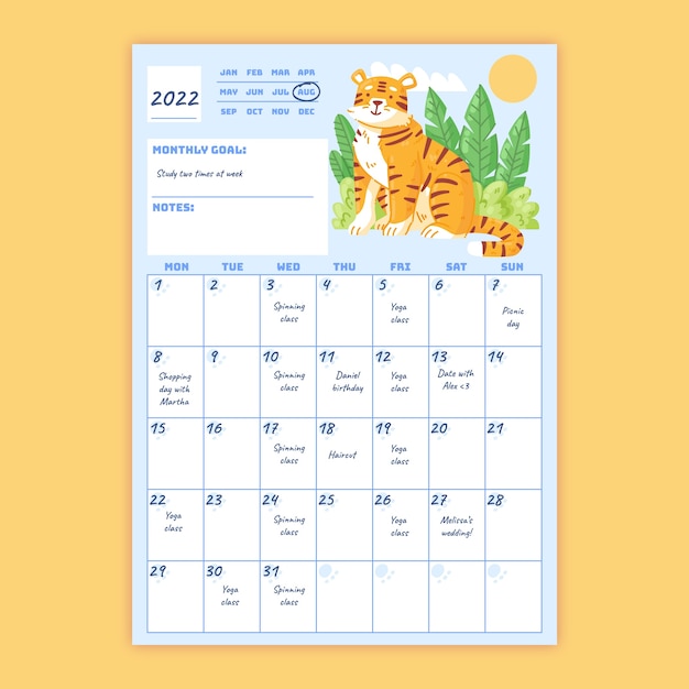 Free vector hand drawn flat monthly planner calendar