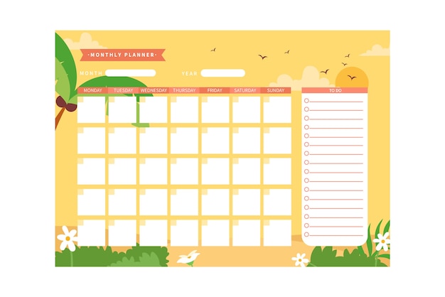 Hand drawn flat monthly planner calendar