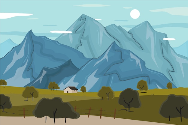 無料ベクター 手描きの平らな山の風景