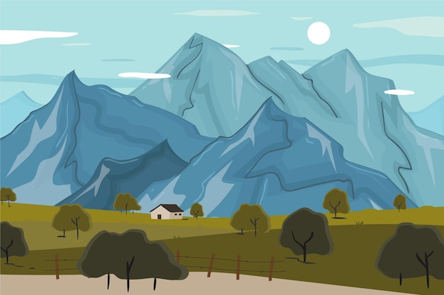 Hand drawn flat mountain landscape