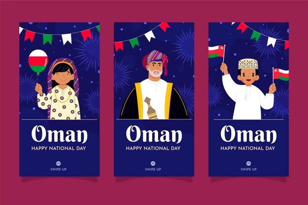 Hand drawn flat national day of oman instagram stories collection