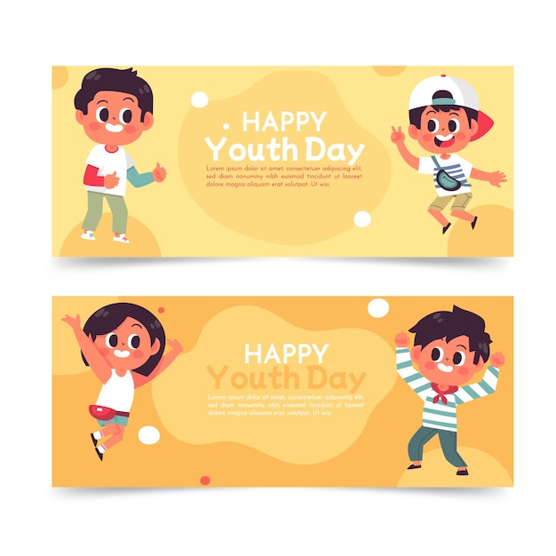 Hand drawn flat national youth day horizontal banners set